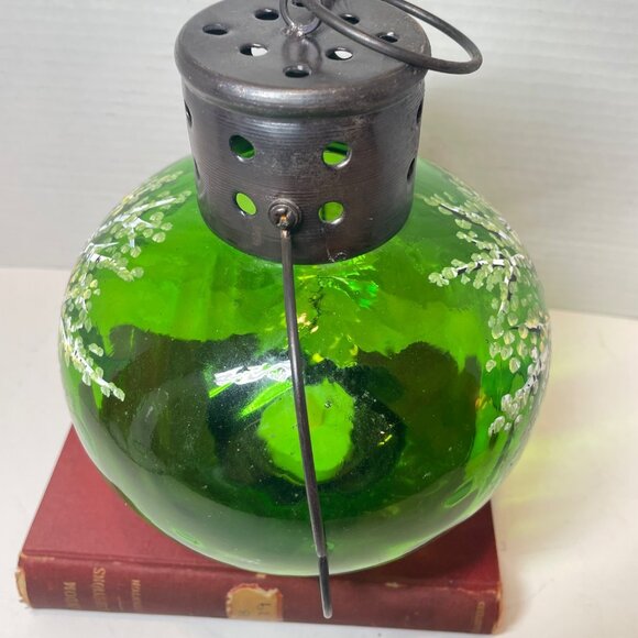 Hand-Painted Green Glass Lantern With Tree Design And Rustic Metal Top - Picture 6 of 10